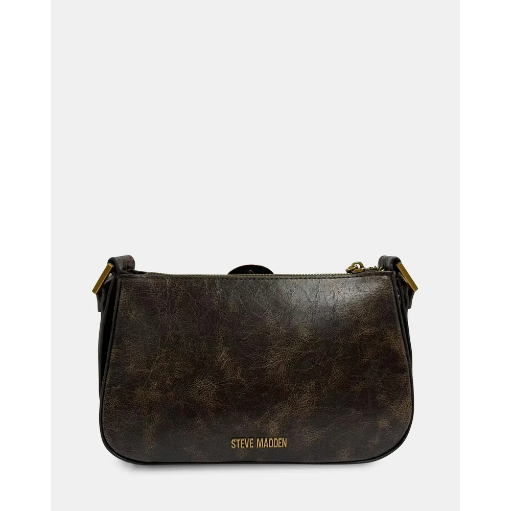 Steve Madden Brown Distressed Faux Leather Western Buckle Shoulder Bag NEW